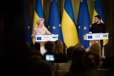 President Volodymyr Zelensky meets with EU Commission President Ursula von der Leyen in Ukraine.